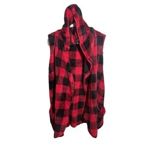 Jolt Women's XL Red Black Buffalo Plaid Faux Fur Hooded Open Front Vest Pockets
